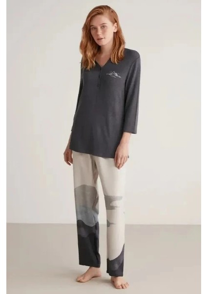 Nautıca W604 Kadın Patlı V Yaka Uzun Kollu Pijama Takımı