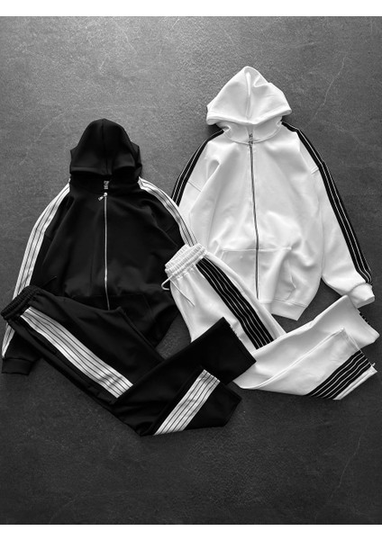 Siyah-Beyaz Çizgi Detaylı Oversize Pamuklu Eşofman Takımı