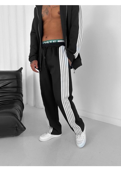 Siyah-Beyaz Çizgi Detaylı Oversize Pamuklu Eşofman Takımı fırsatları