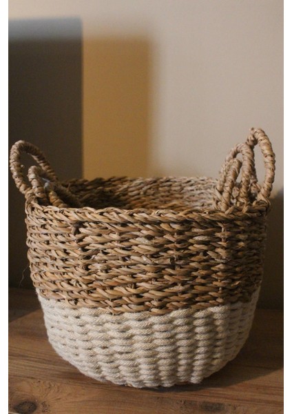 3lü Kulplu Kalın Örgü Alt Kısmı Krem Şeritli Hasır Sepet