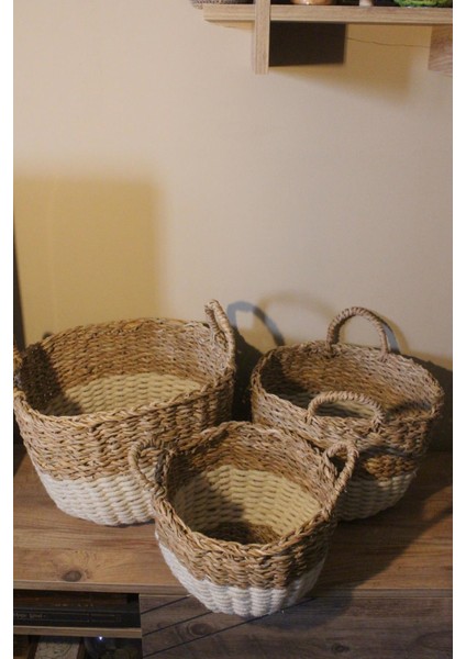 3lü Kulplu Kalın Örgü Alt Kısmı Krem Şeritli Hasır Sepet fiyatları