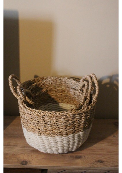 3lü Kulplu Kalın Örgü Alt Kısmı Krem Şeritli Hasır Sepet modelleri