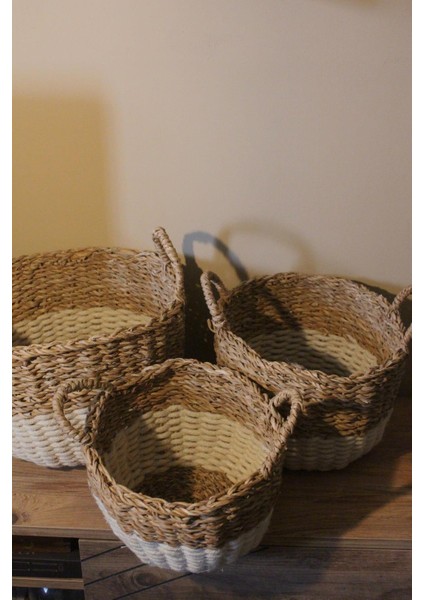 3lü Kulplu Kalın Örgü Alt Kısmı Krem Şeritli Hasır Sepet fırsatları