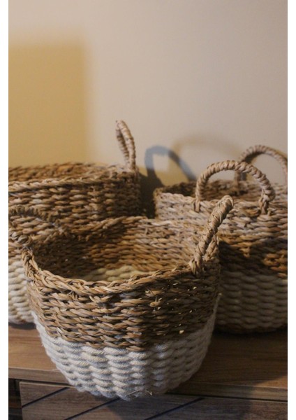 3lü Kulplu Kalın Örgü Alt Kısmı Krem Şeritli Hasır Sepet indirimleri