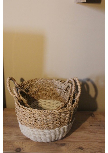 3lü Kulplu Kalın Örgü Alt Kısmı Krem Şeritli Hasır Sepet