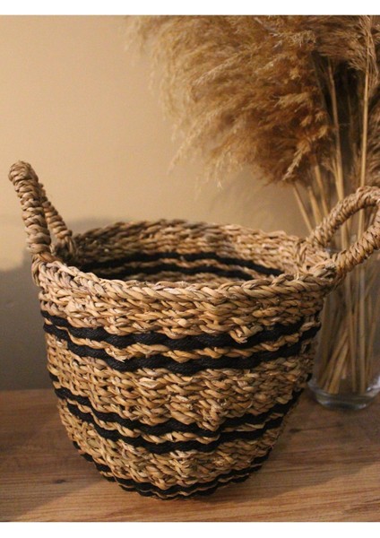 Hasır Sepet Kulplu Siyah Şeritli Düzenleyici Küçük Boy