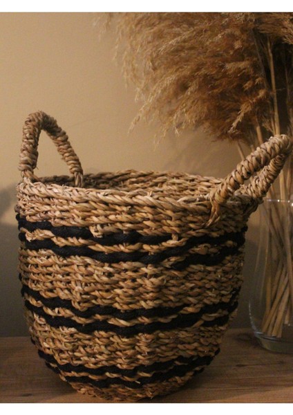 Hasır Sepet Kulplu Siyah Şeritli Düzenleyici Küçük Boy fırsatları