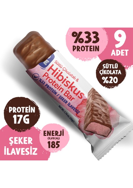 Çikolata Kaplamalı Protein Bar - Hibiskus ve Sütlü Çikolatalı, %33 Protein, 50 G x 9 Adet