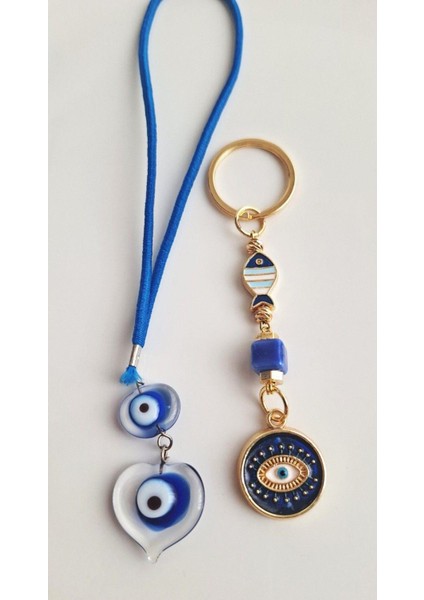 Nazar Boncuklu Kalpli Dikiz Aynası Süsü (17 Cm) ve Anahtarlık (10,5cm) - Hediye Seti
