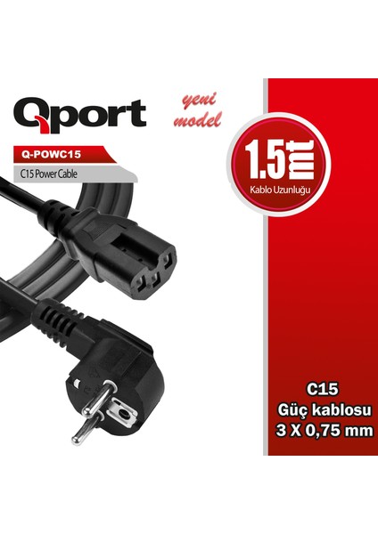 Qport Q-POWC15 1.5m C15 Power Guc Kablosu