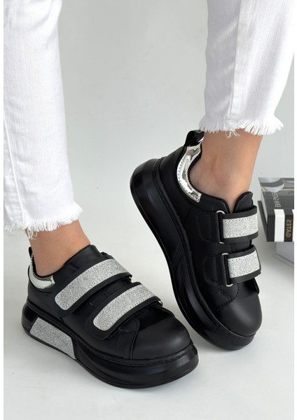 Nino Siyah Cilt Simli Cırt Cırtlı Spor Ayakkabı modelleri