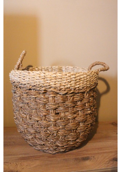 Büyük Boy Kulplu Kalın Örgü Üst Kısmı Krem Şeritli Hasır Sepet