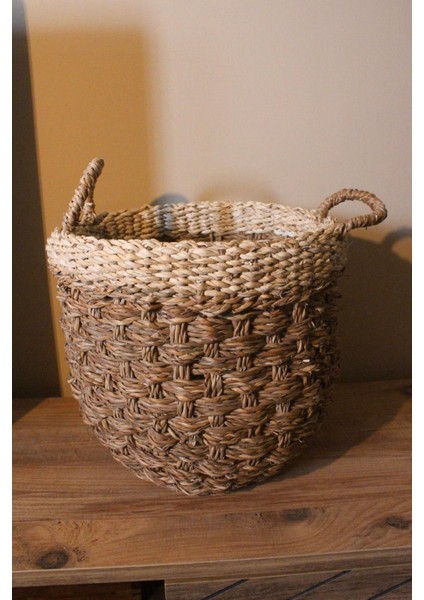Büyük Boy Kulplu Kalın Örgü Üst Kısmı Krem Şeritli Hasır Sepet fiyatları