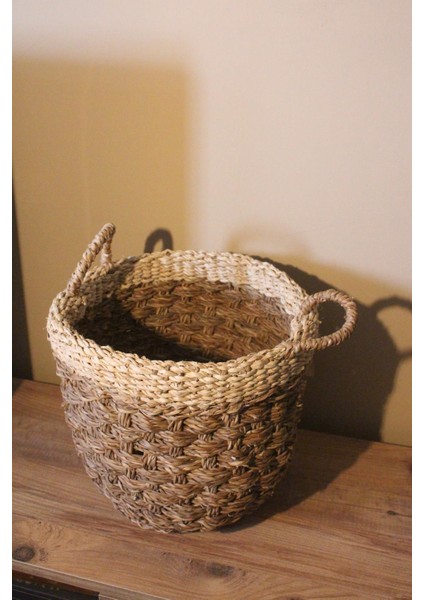 Büyük Boy Kulplu Kalın Örgü Üst Kısmı Krem Şeritli Hasır Sepet modelleri