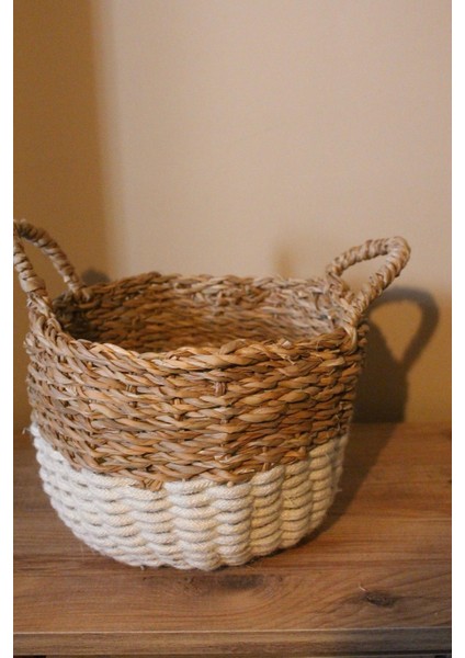 Kulplu Kalın Örgü Alt Kısmı Krem Şeritli Hasır Sepet Küçük Boy modelleri