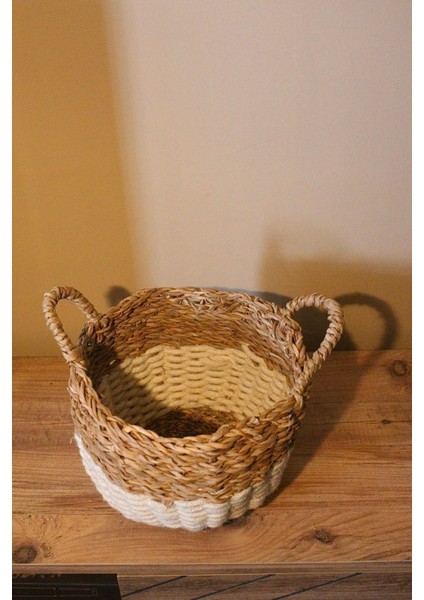 Kulplu Kalın Örgü Alt Kısmı Krem Şeritli Hasır Sepet Küçük Boy fırsatları