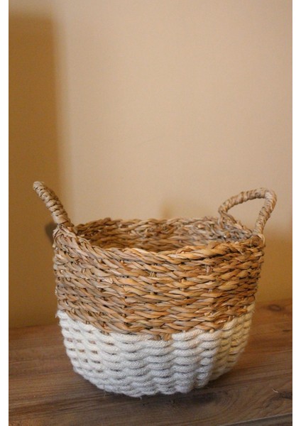 Kulplu Kalın Örgü Alt Kısmı Krem Şeritli Hasır Sepet Küçük Boy indirimleri