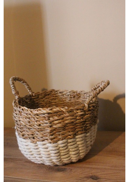 Kulplu Kalın Örgü Alt Kısmı Krem Şeritli Hasır Sepet Küçük Boy