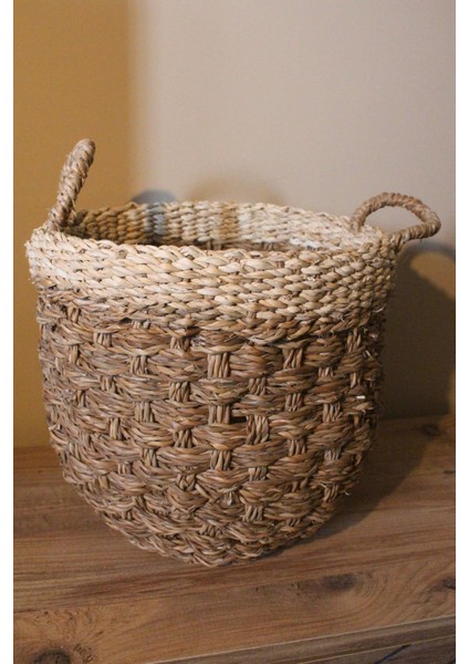 Büyük Boy Kulplu Kalın Örgü Üst Kısmı Krem Şeritli Hasır Sepet fırsatları