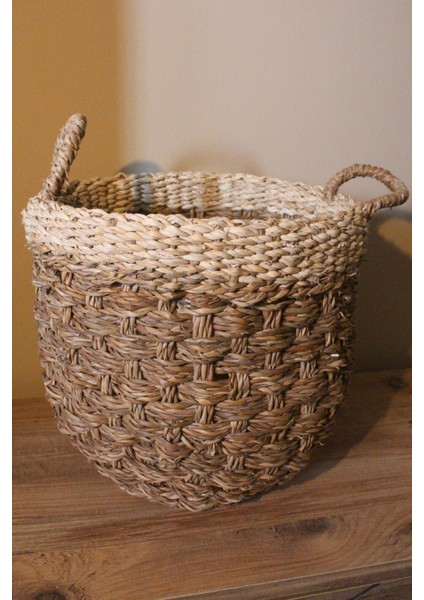 Büyük Boy Kulplu Kalın Örgü Üst Kısmı Krem Şeritli Hasır Sepet indirimleri