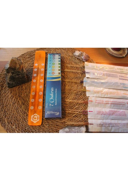 Çakra Spiritüel Tasarım Çubuk Tütsülük ve Tütsü Paketi Turuncu modelleri