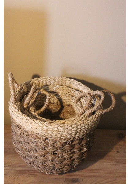 3lü Kulplu Kalın Örgü Üst Kısmı Krem Şeritli Hasır Sepet