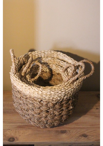 3lü Kulplu Kalın Örgü Üst Kısmı Krem Şeritli Hasır Sepet modelleri