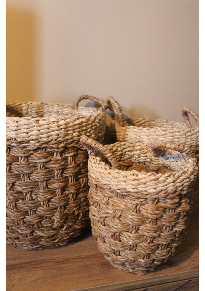 3lü Kulplu Kalın Örgü Üst Kısmı Krem Şeritli Hasır Sepet fırsatları