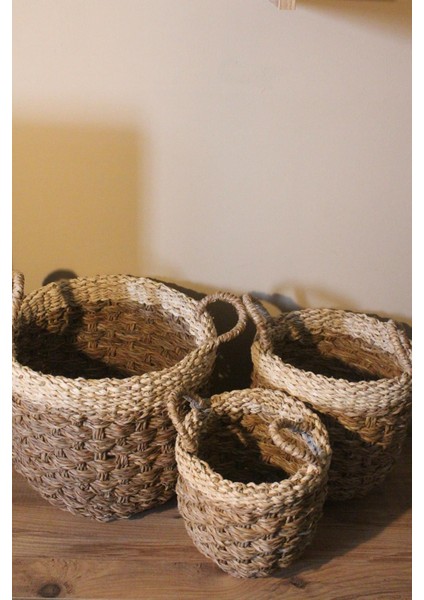 3lü Kulplu Kalın Örgü Üst Kısmı Krem Şeritli Hasır Sepet indirimleri