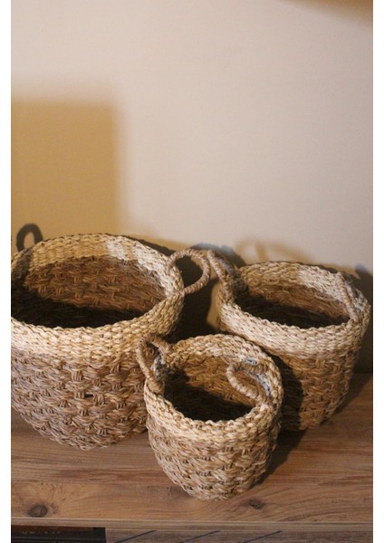 3lü Kulplu Kalın Örgü Üst Kısmı Krem Şeritli Hasır Sepet