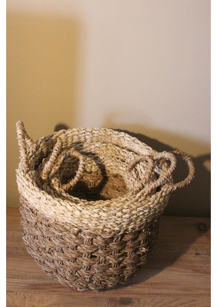 3lü Kulplu Kalın Örgü Üst Kısmı Krem Şeritli Hasır Sepet