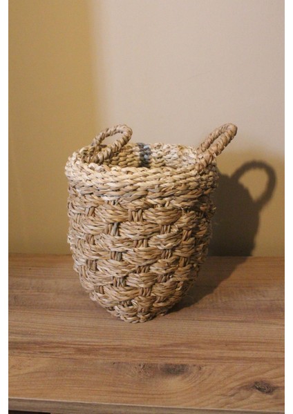 Küçük Boy Kulplu Kalın Örgü Üst Kısmı Krem Şeritli Hasır Sepet