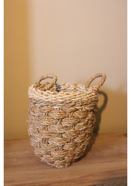 Küçük Boy Kulplu Kalın Örgü Üst Kısmı Krem Şeritli Hasır Sepet fiyatları