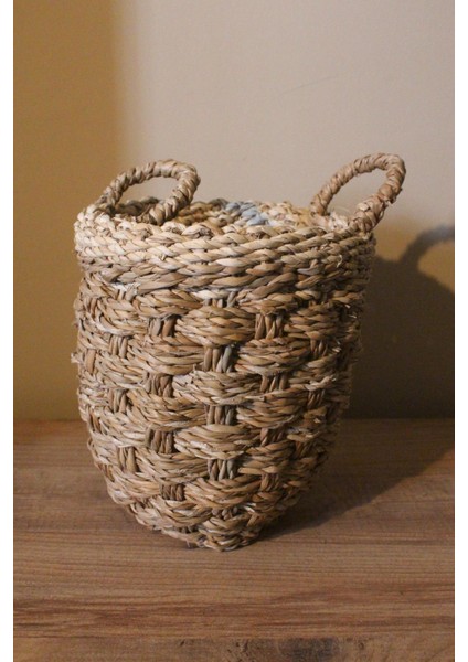 Küçük Boy Kulplu Kalın Örgü Üst Kısmı Krem Şeritli Hasır Sepet fırsatları