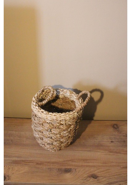 Küçük Boy Kulplu Kalın Örgü Üst Kısmı Krem Şeritli Hasır Sepet indirimleri