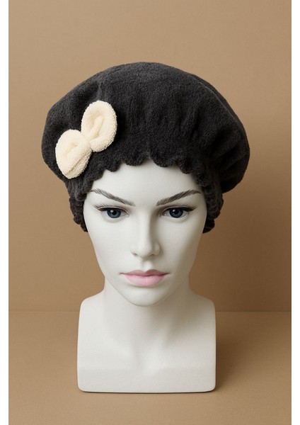 Saç Kurulama Banyo Duş Bonesi – %100 Pamuk , Fiyonklu Siyah