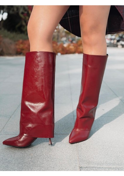 Lencie Kadın Topuklu Çizme Bordo Kırışık Rugan
