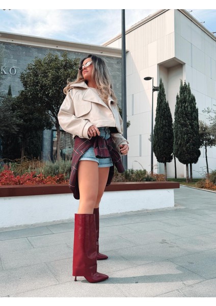 Lencie Kadın Topuklu Çizme Bordo Kırışık Rugan modelleri