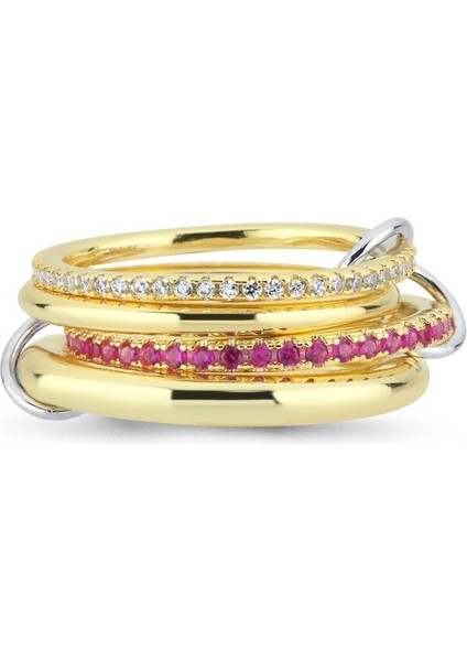 Çelik Pembe Taşlı 4lü Halkalı Yüzük