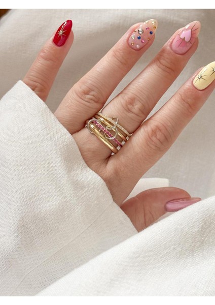 Çelik Pembe Taşlı 4lü Halkalı Yüzük fiyatları