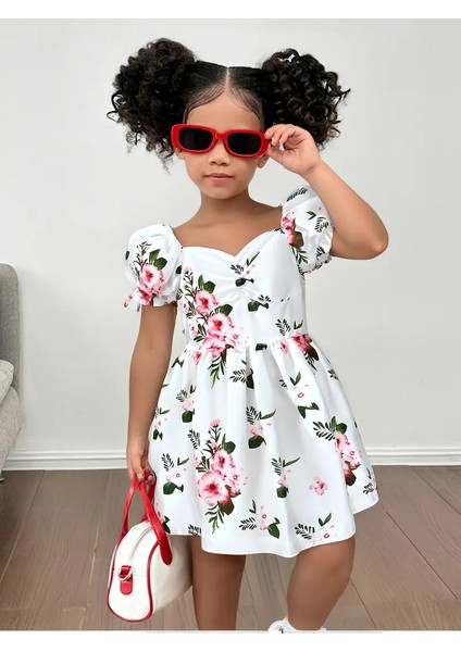 Kız Çocuk Balon Kol Çiçekli Günlük Yaz Elbisesi