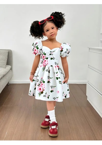 Kız Çocuk Balon Kol Çiçekli Günlük Yaz Elbisesi fiyatları