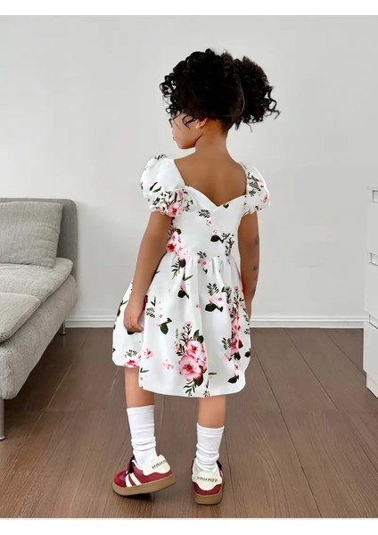 Kız Çocuk Balon Kol Çiçekli Günlük Yaz Elbisesi modelleri