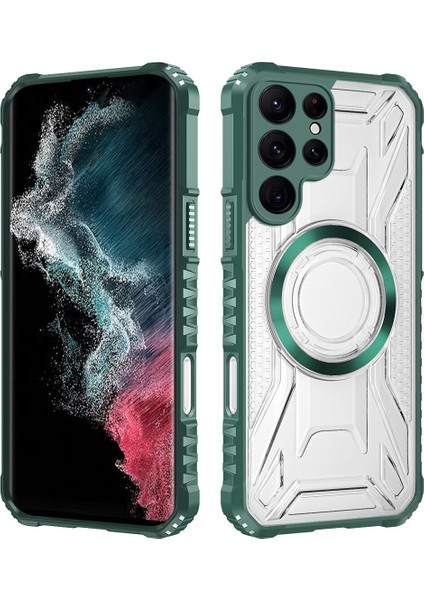Case For Samsung Galaxy S22 Ultra 5g Için Manyetik Halkalı Şeffaf Akrilik Darbeye Dayanıklı Koruyucu Kılıf-Yeşili (Yurt Dışından)