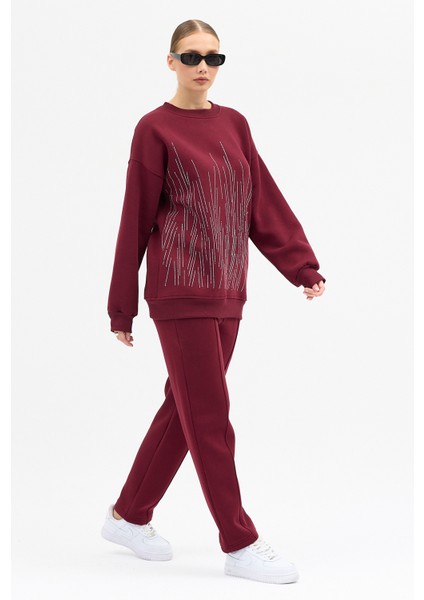 Serpme Taşlı Detaylı Kalın Pamuklu Şık Uzun Kollu Fermuarlı Kadın Tasarım Eşofman Takımı