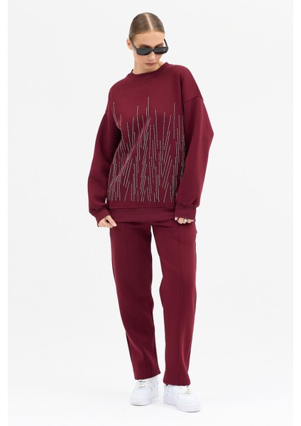 Serpme Taşlı Detaylı Kalın Pamuklu Şık Uzun Kollu Fermuarlı Kadın Tasarım Eşofman Takımı fiyatları