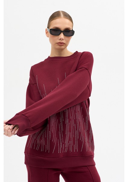 Serpme Taşlı Detaylı Kalın Pamuklu Şık Uzun Kollu Fermuarlı Kadın Tasarım Eşofman Takımı indirimleri