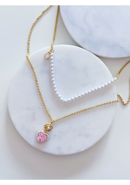 Özel Seri 2li Inci Pembe Kalp Kolye