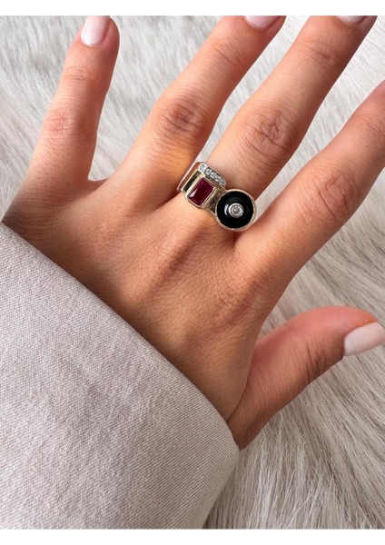 Siyah Pembe Taşlı Yüzük