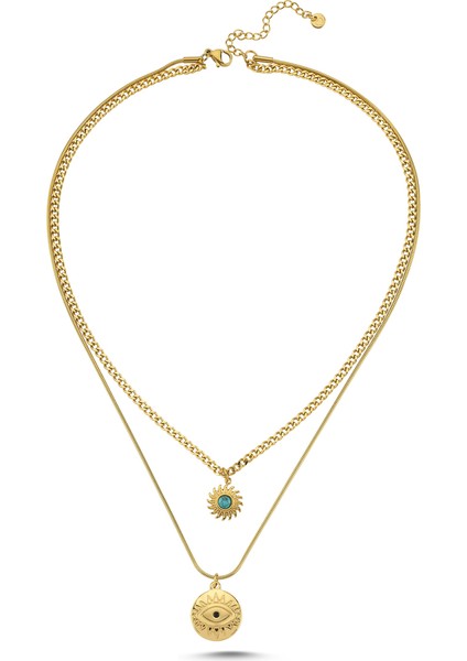 Çelik Göz-Turkuaz Taşı 2li Kolye